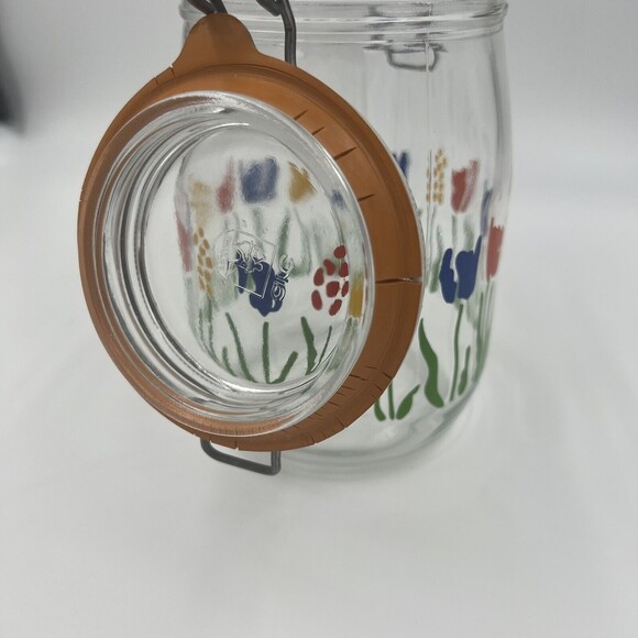 1 L Arc France Glass Canister Jar Tulip Floral Hinged Lid - Picture 7 of 9
